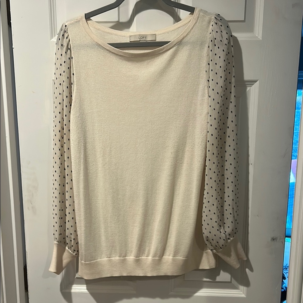 LOFT Cream and Black Crew Neck Sweater with Polka Dot Sleeves